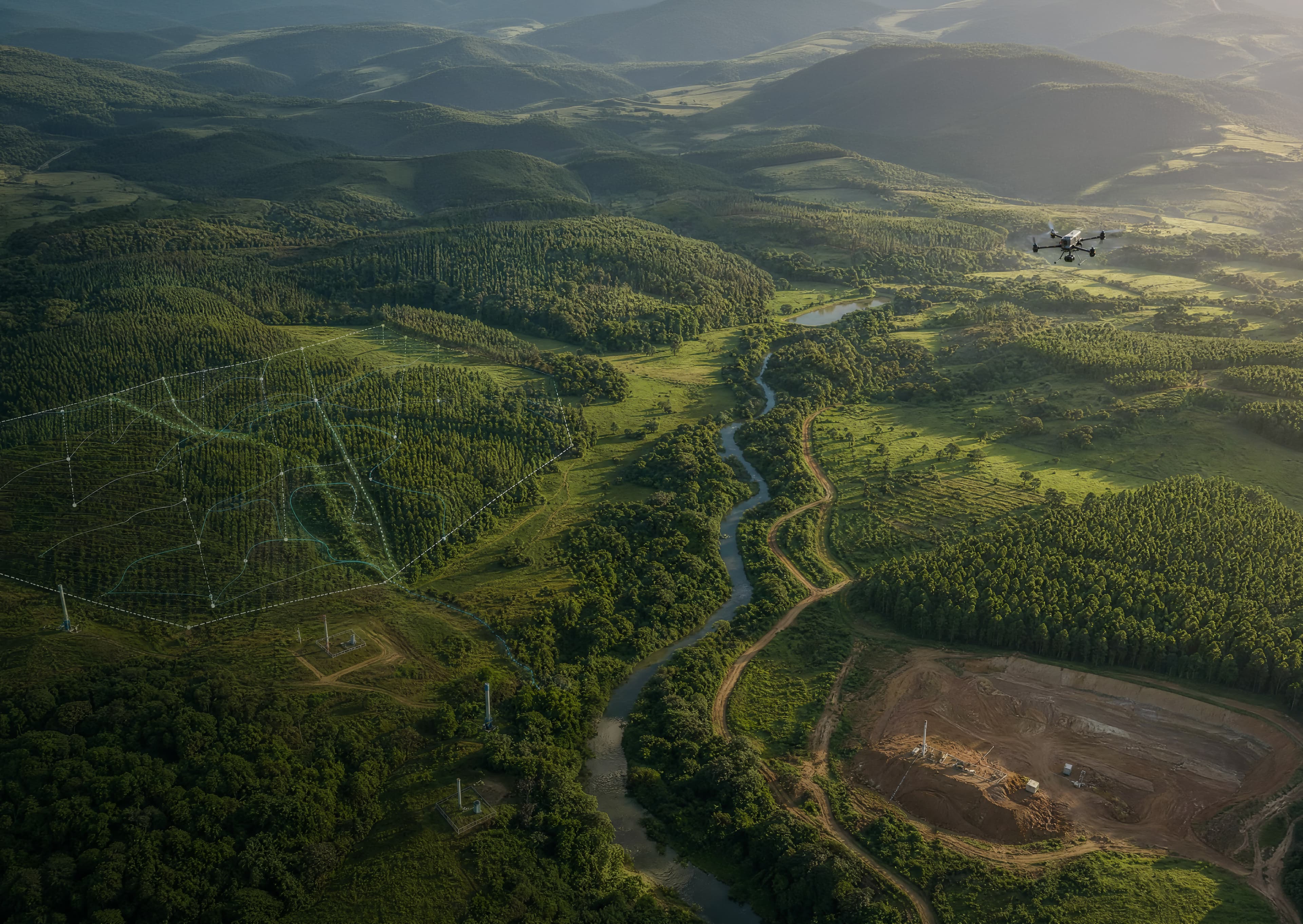 Vista aérea de área florestal com rio, estrada e canteiro de obras monitorados pela Fantinel Consultoria Ambiental